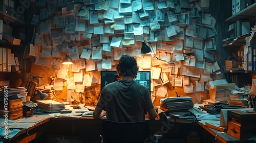 a man work overtime, front of the computer, pile of a documents both on side