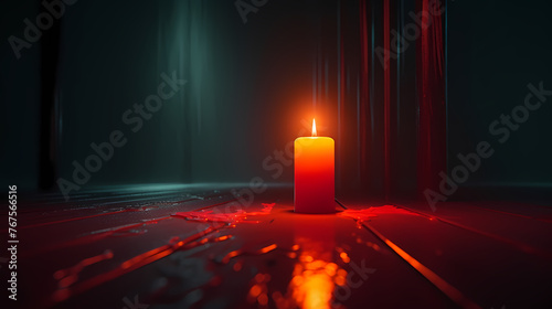 A lonely candle illuminates the foggy room with its beam