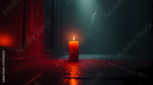 A lonely candle illuminates the foggy room with its beam