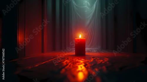 A lonely candle illuminates the foggy room with its beam