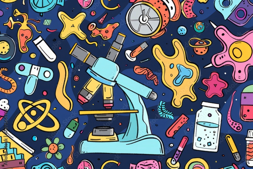 Cartoon cute doodles of microscope illustrations, magnifying tiny details and bringing the wonders of the micro world to life, Generative AI Cartoon cute doodles of microscope illustrations, magnifying tiny details and bringing the wonders of the micro world to life, Generative AI