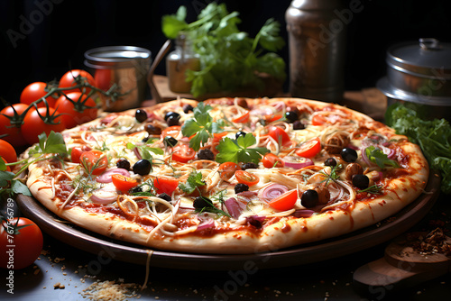 fresh pizza on the table. fast food. hearty food in a cafe.