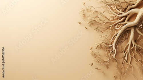roots arranged neatly on a light brown background with copy space