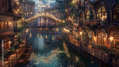 A magical bridge spans over a shimmering river leading to a new section of the city that was once a bustling industrial area. The old warehouses have been imaginatively repurposed