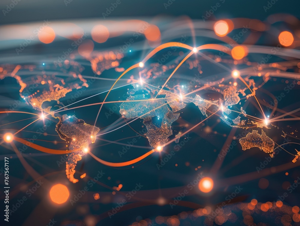 An abstract representation of global trade, featuring interconnected world maps and glowing trade routes, An abstract representation of global trade, featuring interconnected world maps and glowing trade routes,