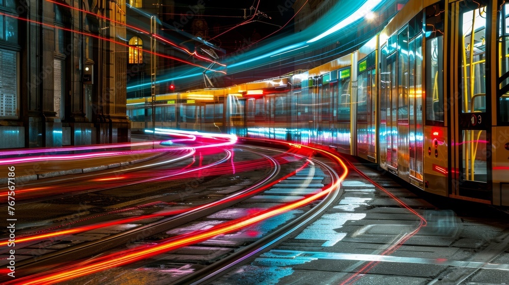 A long exposure shot of the urban transportation network with colorful streaks of light representing the constantly moving buses and trams traversing through the night. A long exposure shot of the urban transportation network with colorful streaks of light representing the constantly moving buses and trams traversing through the night.