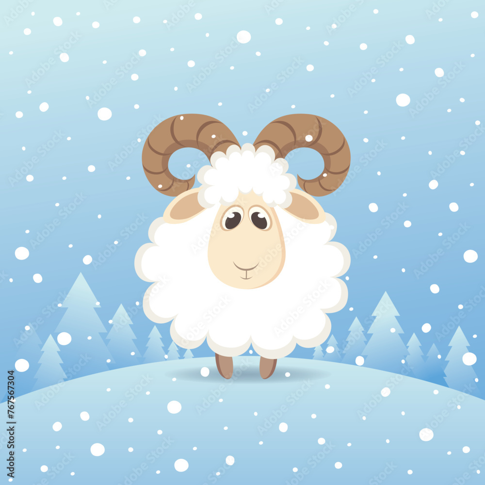 Cute sheep standing in a winter forest. Vector illustration Cute sheep standing in a winter forest. Vector illustration