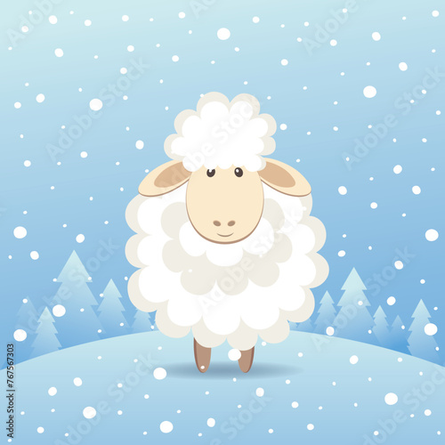 Cute sheep standing in a winter forest. Vector illustration