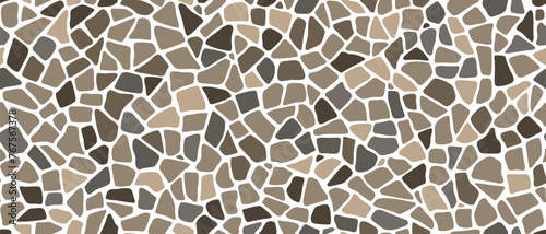 Mosaic pebble stone ground pattern. Vector tile background with arranged small, rounded rocks, creating captivating, textured cobblestone or rubble rocks covered surface with natural colors and shapes photo
