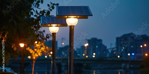Solar street lamp, each street lamp is installed with two solar panels, night scene photo
