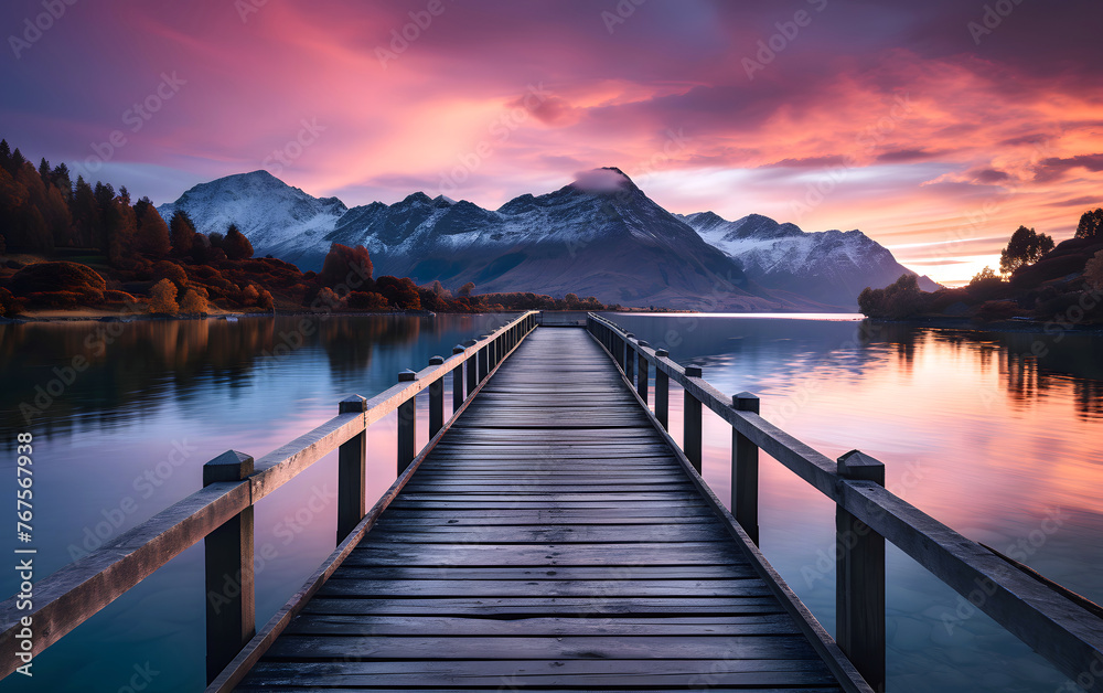 Wooden pier on the lake at sunset against the backdrop of the mountains. place for fishing and relaxation - obrazy, fototapety, plakaty 