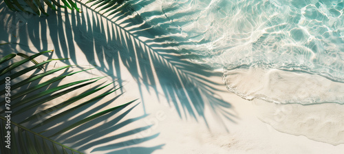  Tropical leaf shadows on the water surface and palm leaves on the white sand beach create a beautiful abstract summer vacation backdrop. Enhanced with blue translucent ice cubes. Presentation, makeup © Maxine