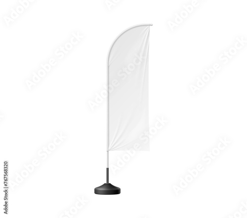 Realistic beach flag, white banner stand mockup. Isolated 3d vector portable, blank display on a lightweight pole. Feather or bowflag for outdoor advertising and events, brand identity and recognition