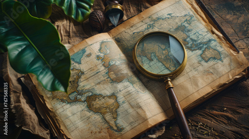An antique world map open on a table with a magnifying glass and a vibrant green tropical leaf, evoking adventure and discovery.