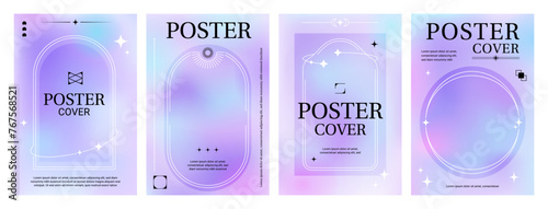 Purple gradient y2k poster backgrounds with line and star magic frames, vector cover templates. Hologram pastel color gradient with Y2K aesthetic line elements on abstract neon purple pink background
