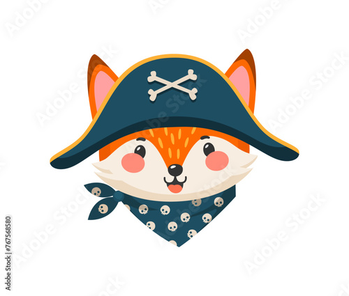 Cartoon fox animal pirate or captain and corsair sailor, vector character. Funny Caribbean fox in pirate tricorne hat with crossbones, seaman skipper or boatswain for kids cute animal sailor