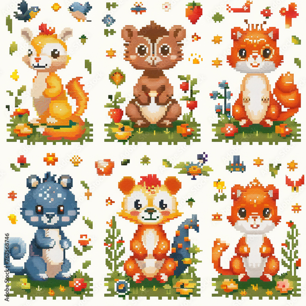 Obraz premium Charming seamless pattern of pixelated animals with vibrant autumn leaves, perfect for gaming or retro themed designs.