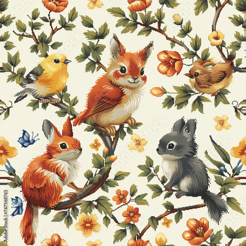 Charming seamless pattern of pixelated animals with vibrant autumn leaves, perfect for gaming or retro themed designs.