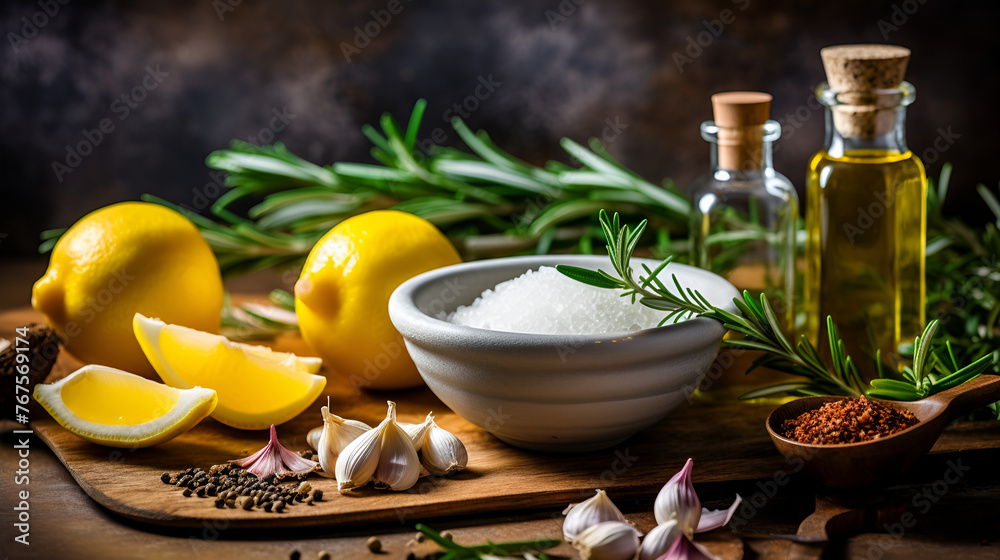 Olive oil and spices on wooden background
