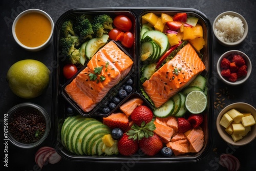 Meal teriyaki salmon with fresh fruit and vegetables. Fitness food, top view