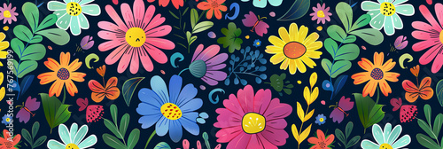 cute cartoon flowers and leaves pattern, generative AI © VALUEINVESTOR