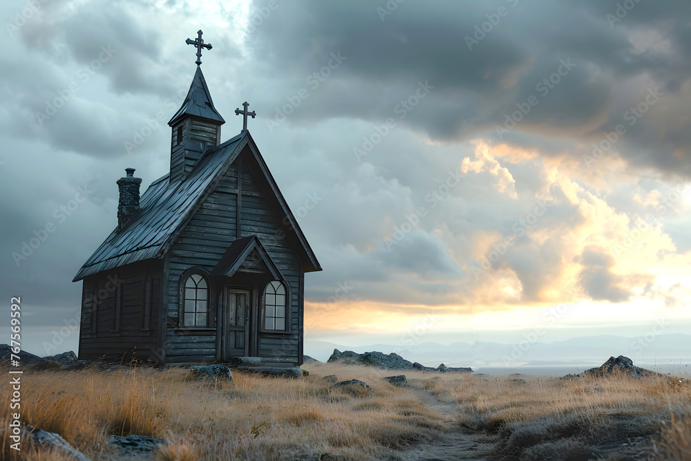 lonely church against the backdrop of a natural landscape. religion and christianity lonely church against the backdrop of a natural landscape. religion and christianity
