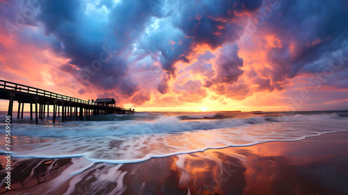 Wooden pier on the sea against the backdrop of dramatic colored clouds. place for fishing and relaxation