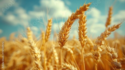 Golden Harvest: Close-Up of Ripe Wheat with Vintage Clouds and Sky - Agriculture and Farming Concept