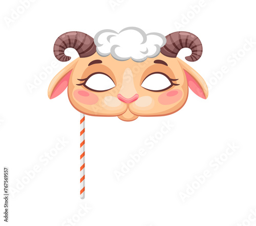 Cartoon sheep animal mask for carnival party or kids masquerade festival, vector costume. Funny sheep muzzle face mask with horns on stick for kids happy zoo carnival masquerade face props © Buch&Bee