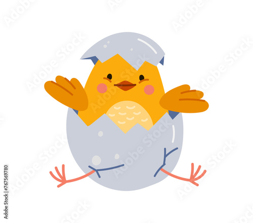 Cute cartoon chick character, adorned in yellow feathers, peeks out from cracked eggshell. Isolated vector hatching baby hen bird personage with innocent eyes and tiny beak exude irresistible cuteness