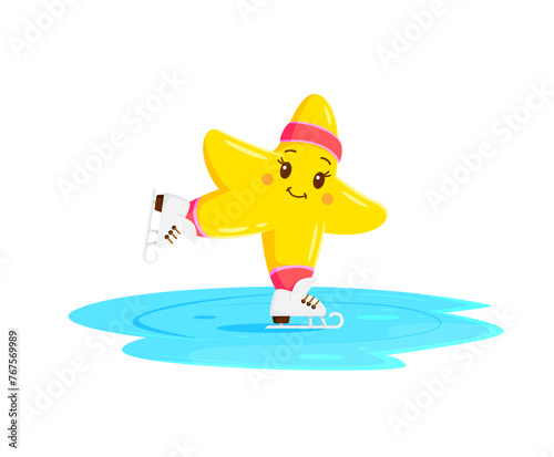 Cartoon kawaii star character skating on the skating rink. Isolated vector twinkle personage glides gracefully on ice, its cheeks blushing pink and eyes sparkling with joy, at winter holiday vacation