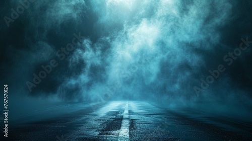 Abstract light in a dark empty street with smoke, smog photo