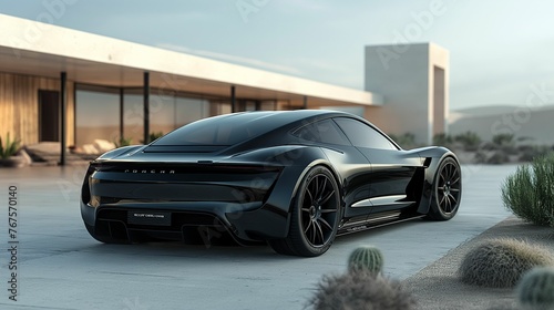 Black Sports Car Parked in Front of Building photo