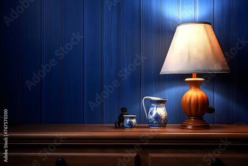 home lamp with lampshade on the table. electric lamp. home interior and equipment. lighting in the house photo