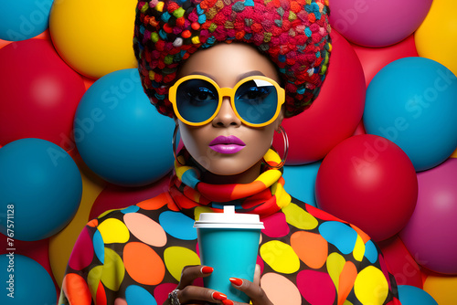 fashionable glamorous beautiful woman with glasses in colored clothes on a colored background with a plastic glass of coffee in her hand