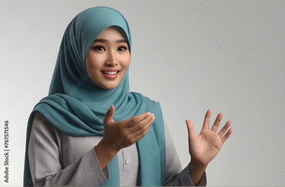 hyper realistic cinematography of a Asian girl wearing hijab with hands showing and presenting something. grey background hyper realistic cinematography of a Asian girl wearing hijab with hands showing and presenting something. grey background