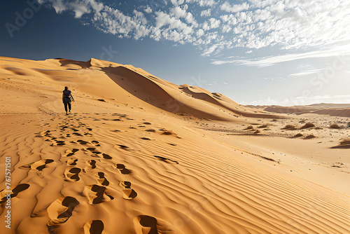 silhouette of a lonely man walking along the sands of the desert dunes towards the sun. human life path concept