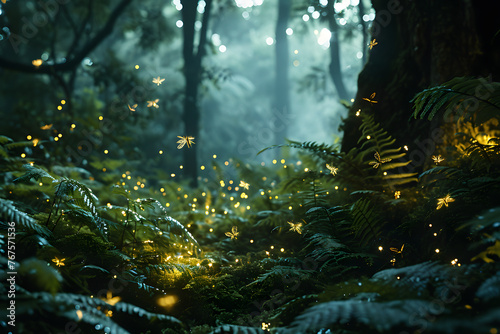 lights of fireflies beetles in the evening forest. fauna and flora in nature