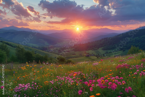 Sunset in the mountains with beautiful flowers. Created with Ai