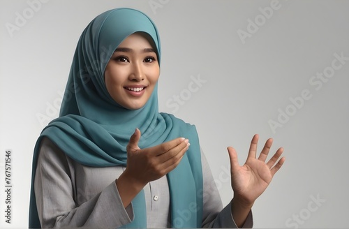 hyper realistic cinematography of a Asian girl wearing hijab with hands showing and presenting something. grey background