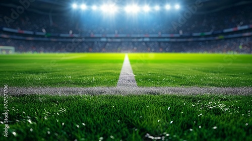Soccer Stadium With Green Field and Lights photo