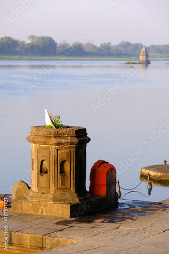 24 Feb 2024, Exterior View of the scenic tourist place Maheshwar fort or Ahilya fort in Madhaya pradesh in India. this monument on the banks of the narmada, Beautiful sculpture or carvings on the wall