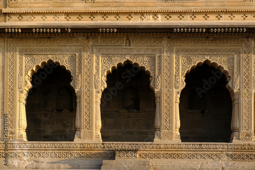 24 Feb 2024, Exterior View of the scenic tourist place Maheshwar fort or Ahilya fort in Madhaya pradesh in India. this monument on the banks of the narmada, Beautiful sculpture or carvings on the wall