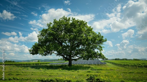 A majestic tree standing in front of a solar farm symbolizing the harmonious coexistence of nature and renewable energy in our community. . AI generation.