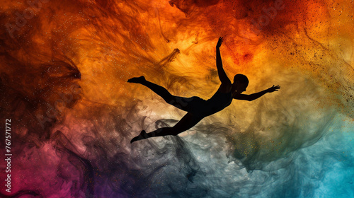 The Silhouette of a Woman Falling Set Against a Colorful Cloudy Abstract Background