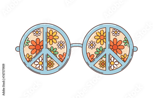 Retro groovy eyewear sunglasses exude vintage hippie vibe, featuring round frames adorned with vibrant peace signs and daisy flowers, encapsulating the spirit of the 60s and 70s hippy counterculture