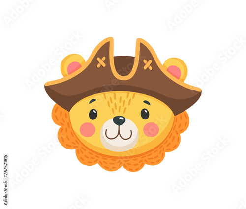 Cartoon cute lion animal pirate and corsair face. Sailor and captain, skipper and boatswain kawaii character. Isolated vector personage for baby shower card with adorable lion cub donning tricorn hat