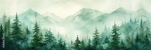 Watercolor painting of trees and a green forest. Generative Ai © Planum