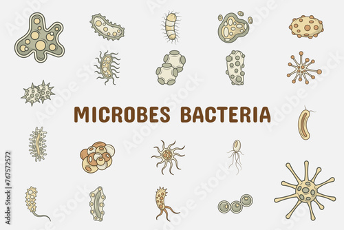 Microbes Bacteria Lineal Color Vector Illustration Icon Sticker Set Design Materials