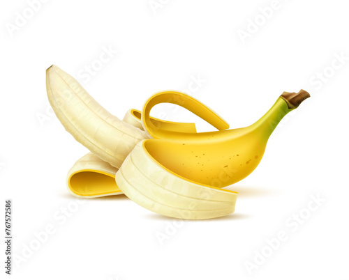 Realistic isolated banana fruit. Isolated 3d vector ripe elongated, slightly curved tropical banana fruit with soft, creamy flesh and yellow peel. Food with high potassium content and sweet flavor